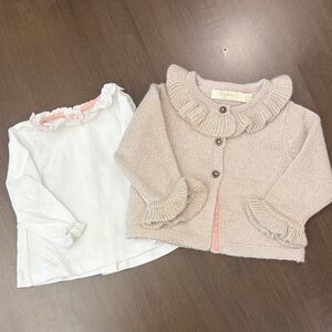 Baby Boden Cream and Tan Ruffle Cardigan Set